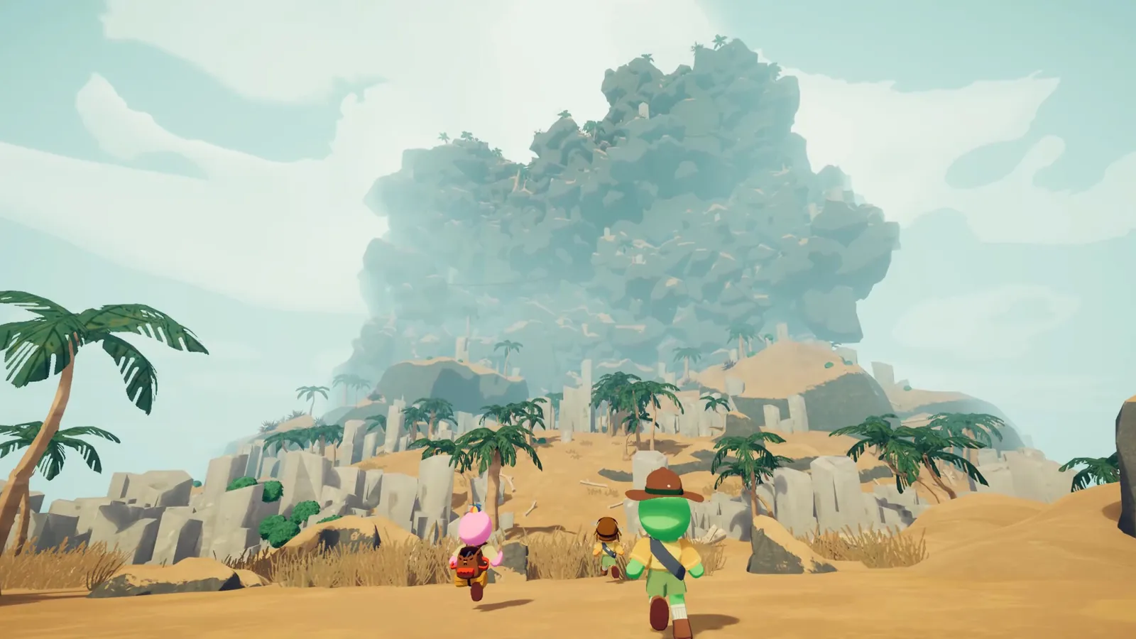 PEAK gameplay: climbers on a rocky island path below the mountain