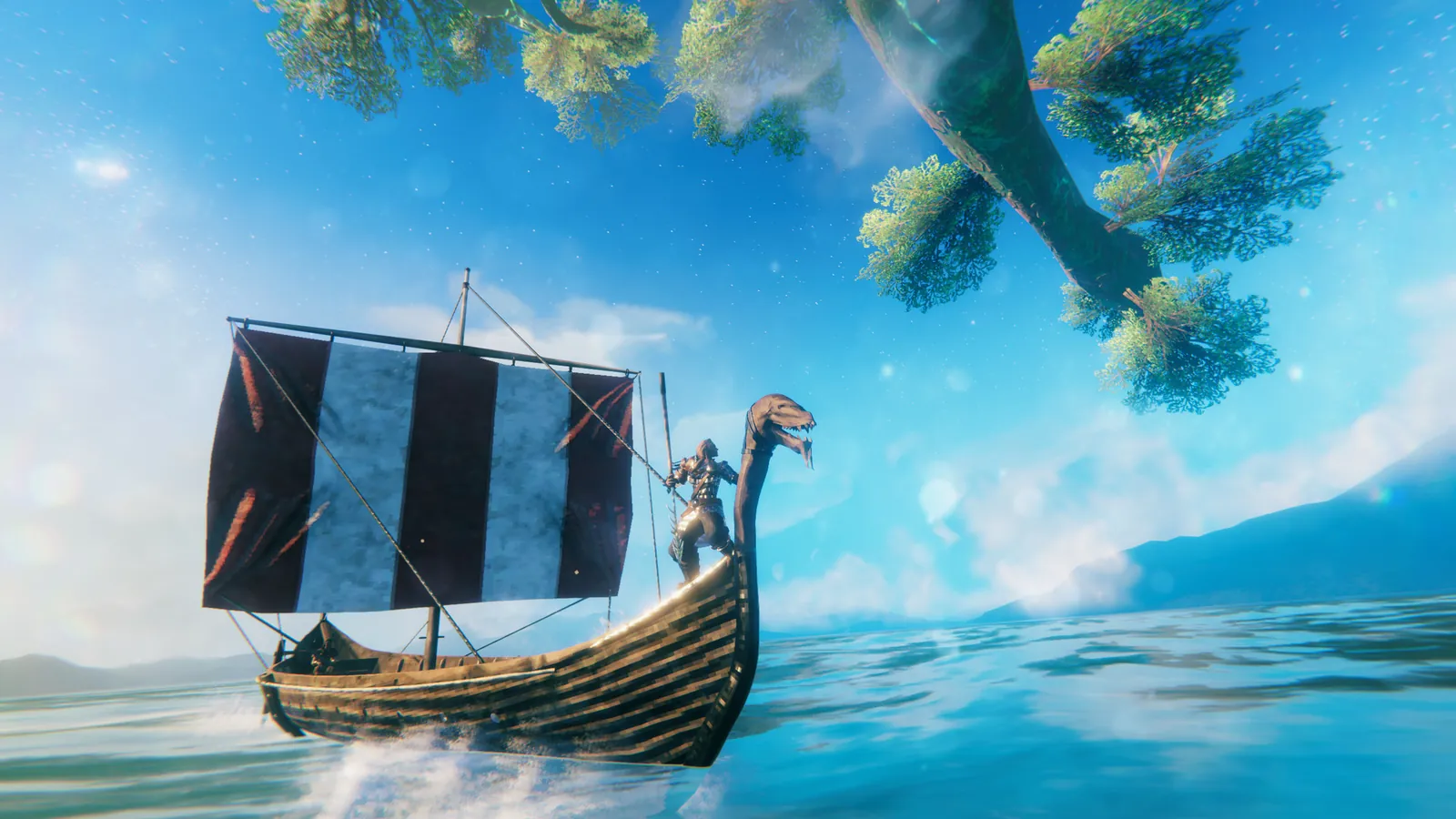 Valheim longship sailing through a snowy sea
