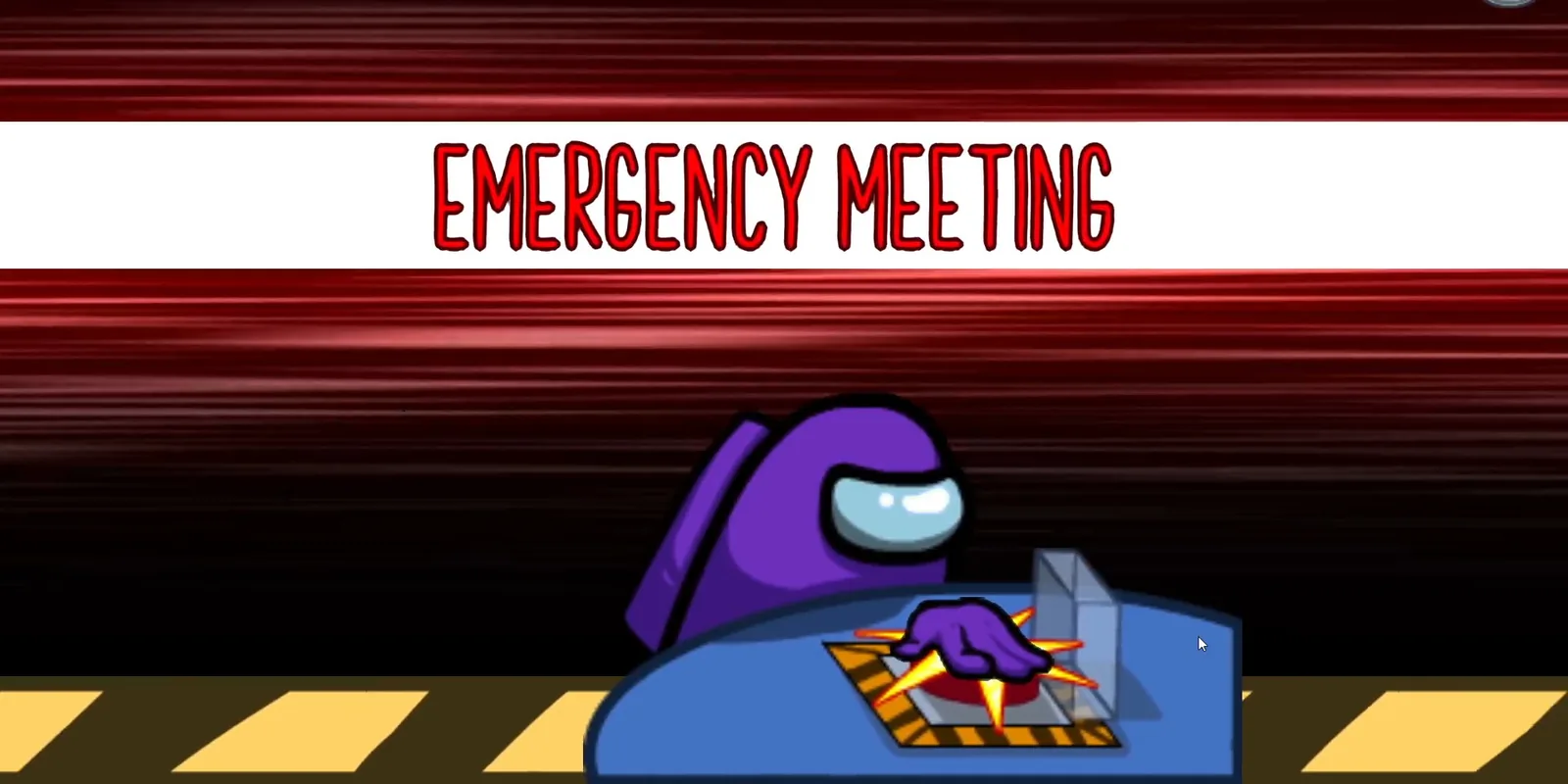 Among Us screenshot: a purple crewmate slamming the Emergency Meeting button